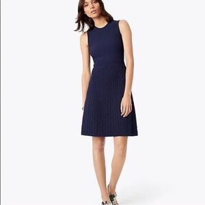 Tory Burch L LIAM Navy Knit Fit-and-Flare Textured Sleeves Dress